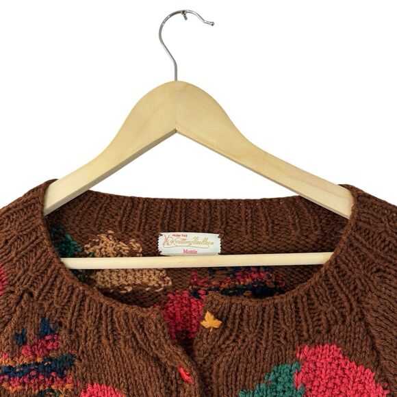 Vintage Handknit X-Large Sweater Cardigan Leaves Fall Dark Brown Womens READ - Picture 4 of 16